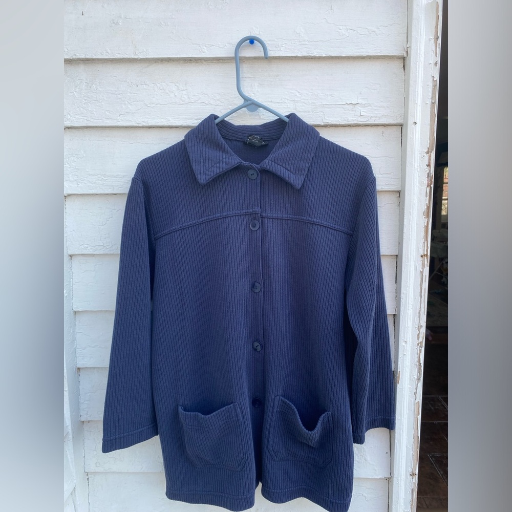 New York & Company Navy Blue Ribbed Button-Up Cardigan